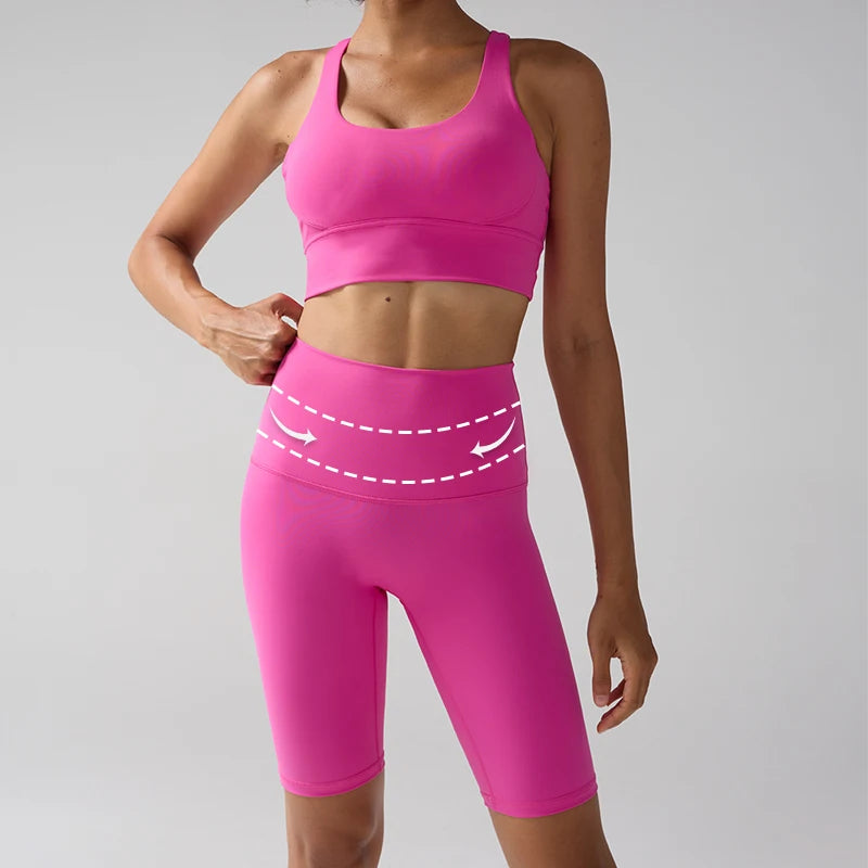 Women's 2 Piece Yoga Gym Sports Clothes Set Cross Back Bra Top with High Waist Shorts Fitness Running Workout Tracksuit - ATFH