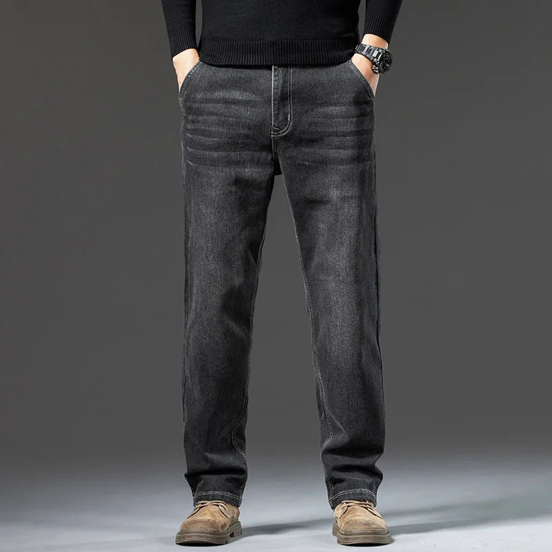 Men's loose straight leg jeans retro washed elastic casual pants suitable for all seasons versatile pants ATFH