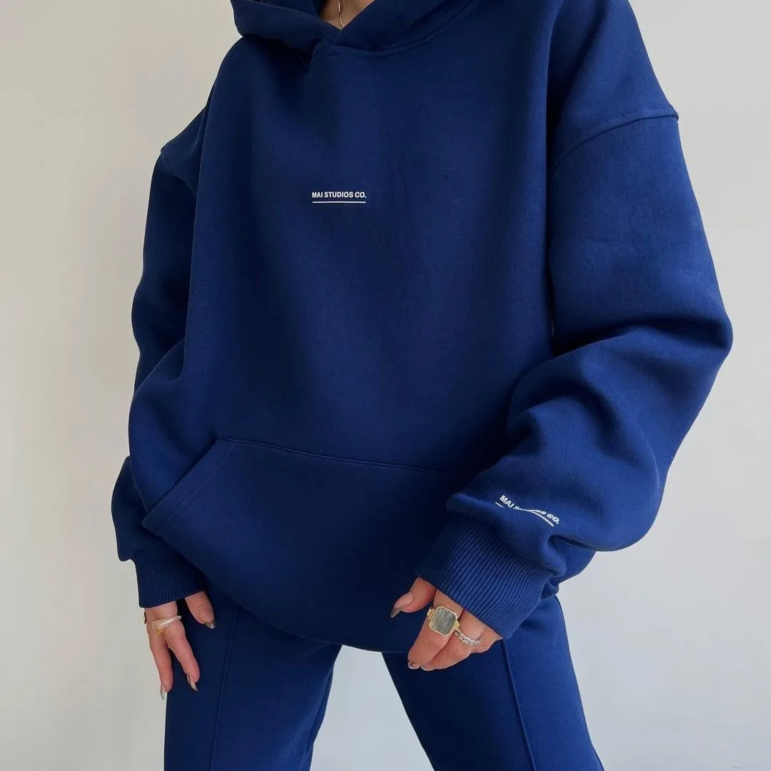 Hot Selling European and American Autumn Winter New Fashion Solid Color Hooded Hoodie Casual Two Piece Set ATFH