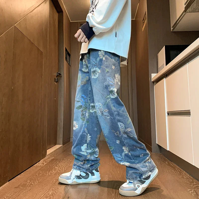 Autumn Floral Printed Jeans For Men 2024 New Y2K Vintage Denim Pants Hip Hop Fashion Wide-leg Baggy Jean Streetwear Trousers ATFH