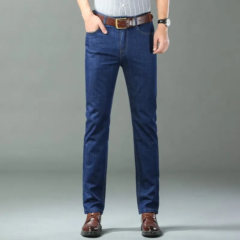 New Ice Silk Thin Denim Jeans For Men Blue Straight Stretch Cotton Pants Business Casual Lightweight Trousers Spring Summer ATFH