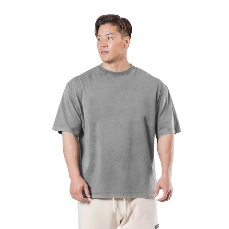 Washed T-Shirt 230G 100Cotton Solid Oversized Loose Fitness Mens Tee Tops Dropped Shoulders Short Sleeve Gym Bodybuilding Shirts ATFH