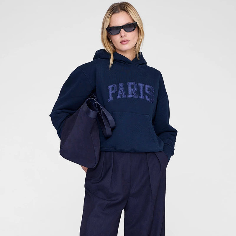 New 2026 Autumn Winter North American Niche Classic Letter Front Felt Patch Embroidered Fleece Women's Fleece Hoodie Sweatshirts - ATFH