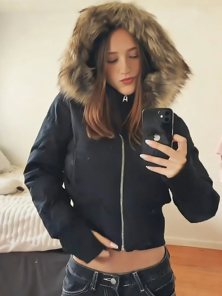 Fashion Faux Fur Hooded Cotton Jacket For Women Elegant Long Sleeve Zipper Coat Female 2026 Autumn Winter Warm Thicken Outerwear