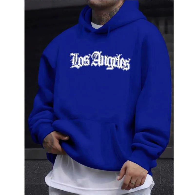 Men's autumn and winter casual fashion loose hoodie Los Angeles letter printed long sleeved warm pullover sweater - ATFH