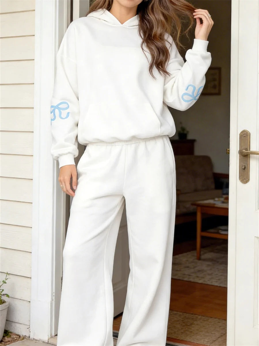 Women's Casual 2 Piece Outfits Long Sleeve Bow Print Hooded Tops Sweatshirts Wide Leg Pants Sets Tracksuits