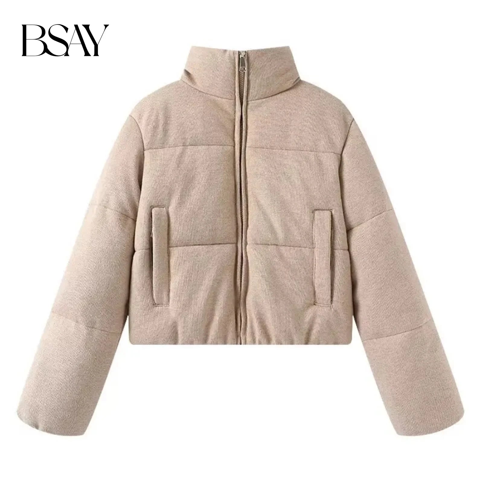 BSAY Knitted Cotton Jacket for Women Fashion Autumn Winter New Long Sleeved Stand Collar Zip Short Coats Chic Ladies Tops Mujer ATFH