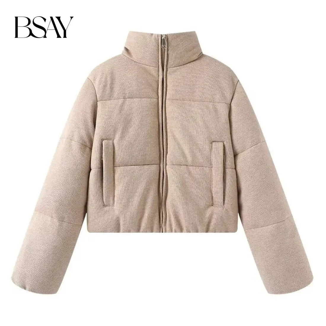 BSAY Knitted Cotton Jacket for Women Fashion Autumn Winter New Long Sleeved Stand Collar Zip Short Coats Chic Ladies Tops Mujer ATFH