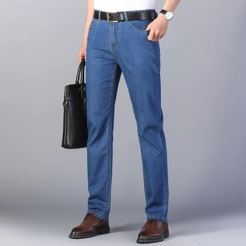 Summer New Elastic Men's Jeans Fashion Comfortable Business Straight Stretch Cotton Casual Denim Pants Brand Male Thin Trousers ATFH