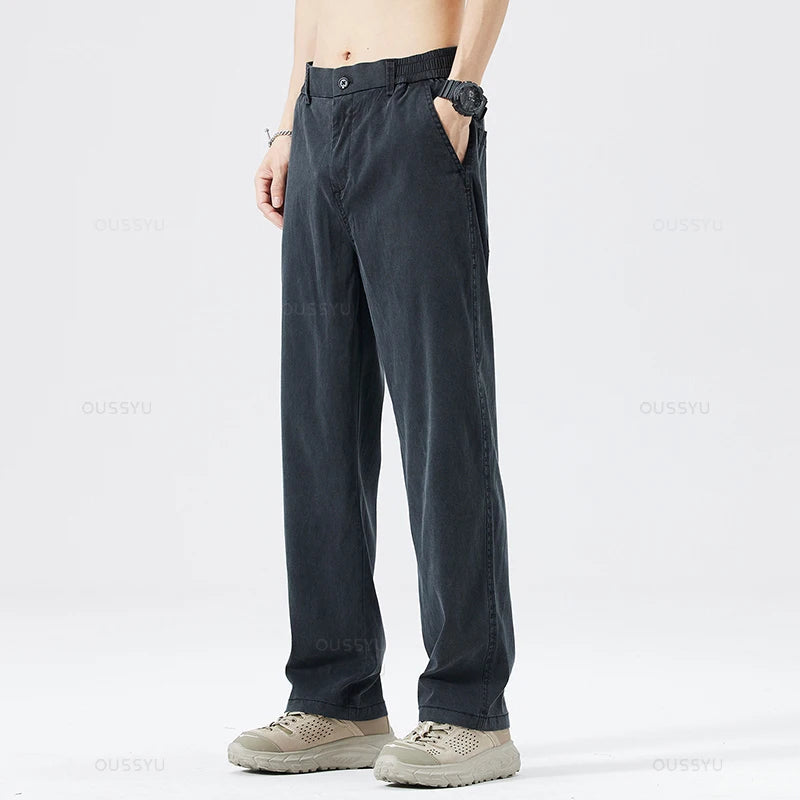Summer Ultrathin Soft Lyocell Fabric Men's Jeans Breathe Loose Straight Pants Elastic Waist Korea Casual Trouser Plus Size M-5XL ATFH