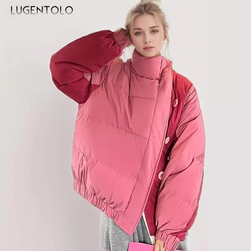 Women Y2k Parkas 2025 Contrast Color Thick Warm Down Cotton Bread Jacket Fashion Single Breasted Versatile Christmas Party Wear
