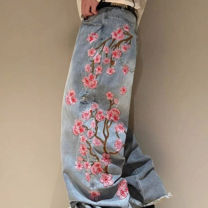 Harajuku Patchwork Cherry Blossom Embroidery Denim Pants Y2K Vintage Women Baggy Straight Wide Leg Jeans Street Men Clothes ATFH