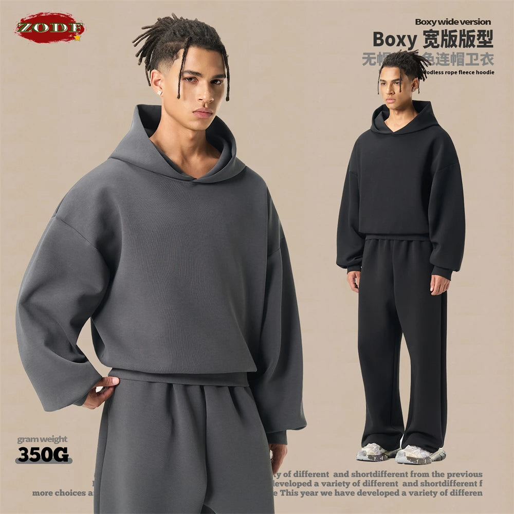 ZODF Trendy Winter 350gsm Solid Fleece Hooded Hoodies For Man Unisex Boxyfit Solid Warm Pullovers Brand Clothing HY0038