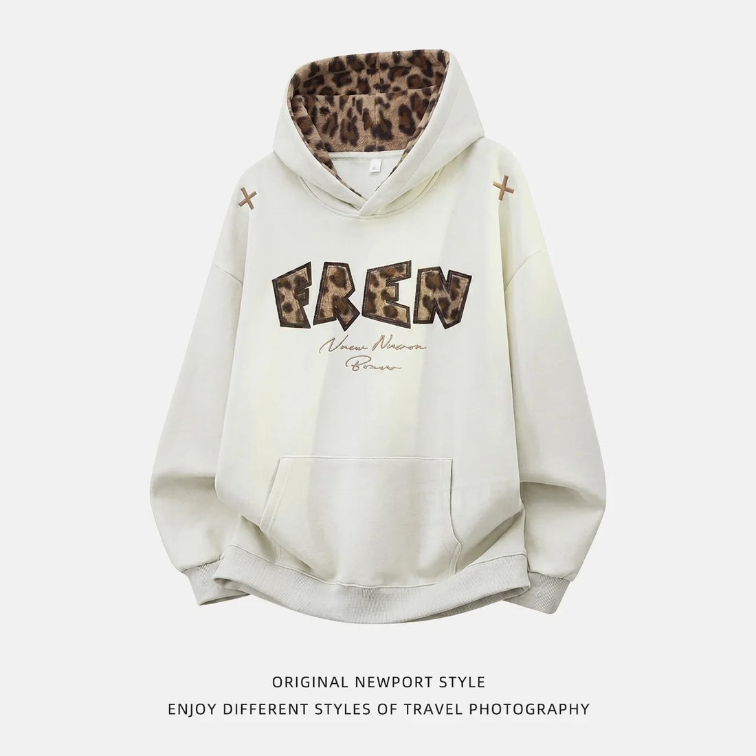 TFETTERS 2026 Autumn Hooded Sweatshirt Men Heavy Weight Leopard Letter Patch Embroidery Inner Hood Splice Loose Streetwear Top