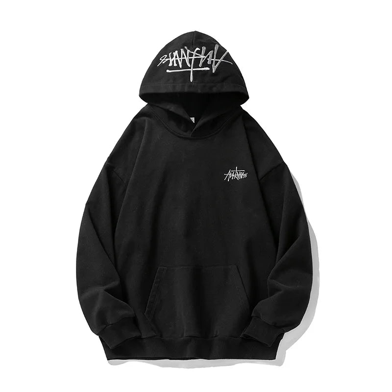 400G Heavy Thick Letter Embroidered Hoodies for Men's Autumn Winter Style American Trendy Couple Loose Hoodie Coat - ATFH