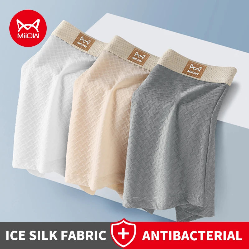 MiiOW 3Pcs Ice Silk Men Jacquard Boxer Shorts 10A Antibacterial Men's Panties Man Underpants Men's Refreshing Sports Underwear