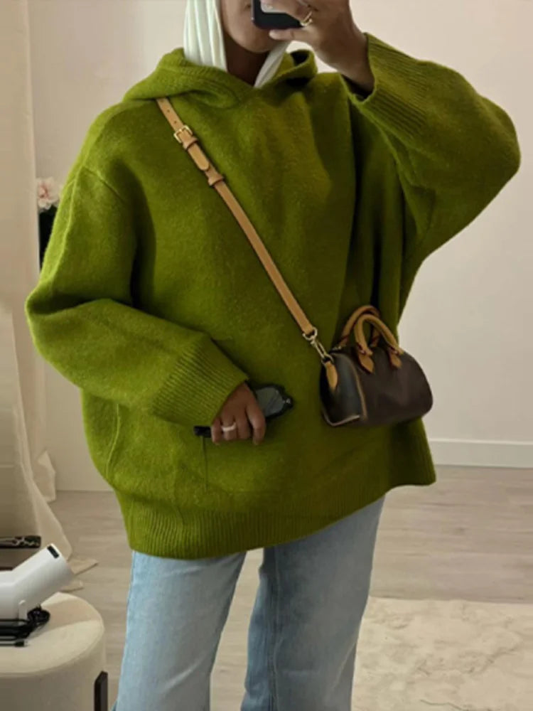 Fashion Lady Knitted Hoodies Sweater Long Sleeve Pocket Drop Shoulder Loose Solid Sweaters Autumn Winter Commuter All-match Tops - ATFH