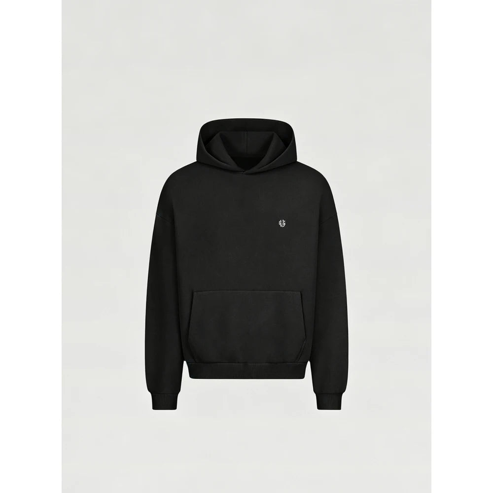 Solid Color Unisex Hooded Sweatshirt, Minimal Style Mini Embroidery Logo Drop Shoulder Loose Fashion Pullover Tops