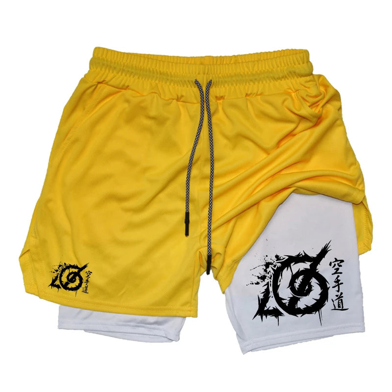 Karate Graphic 2 in 1 Workout Running Shorts for Men Gym Athletic Sport with Compression Liner Phone Pocket Towel Loop