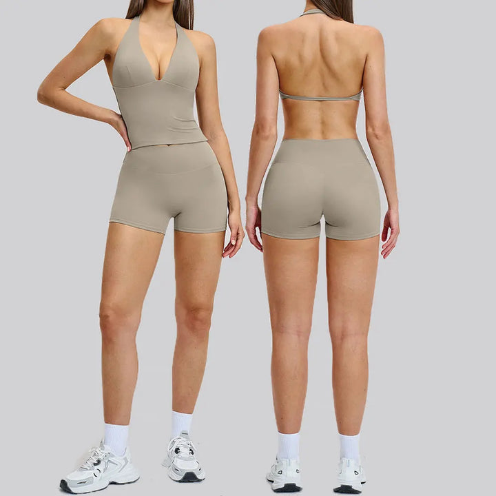 Women's Yoga Suit Breathable Quick-drying Gym Push Up Sports Set Shockproof Bra Hip Litting Leggings Shorts 2-piece Sports Set - ATFH
