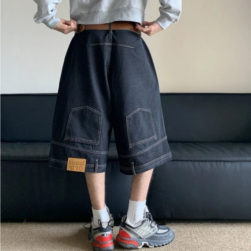 American Vintage Denim Shorts Men High Street Loose Wide Leg Niche Pants Fashion Casual Versatile Short Jeans Male and Female ATFH