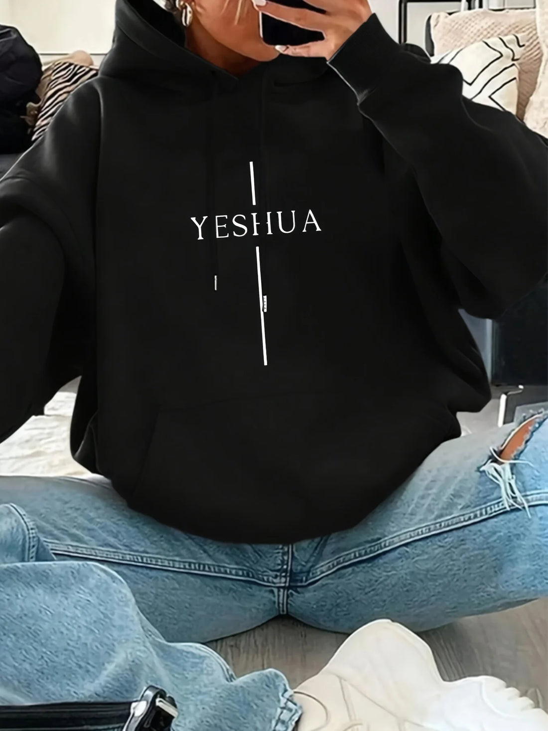 Women YESHUA Letter Print Hoodie Loose Casual Long Sleeve Hooded Sweatshirt Ladies Fashion Pullover Streetwear Tops