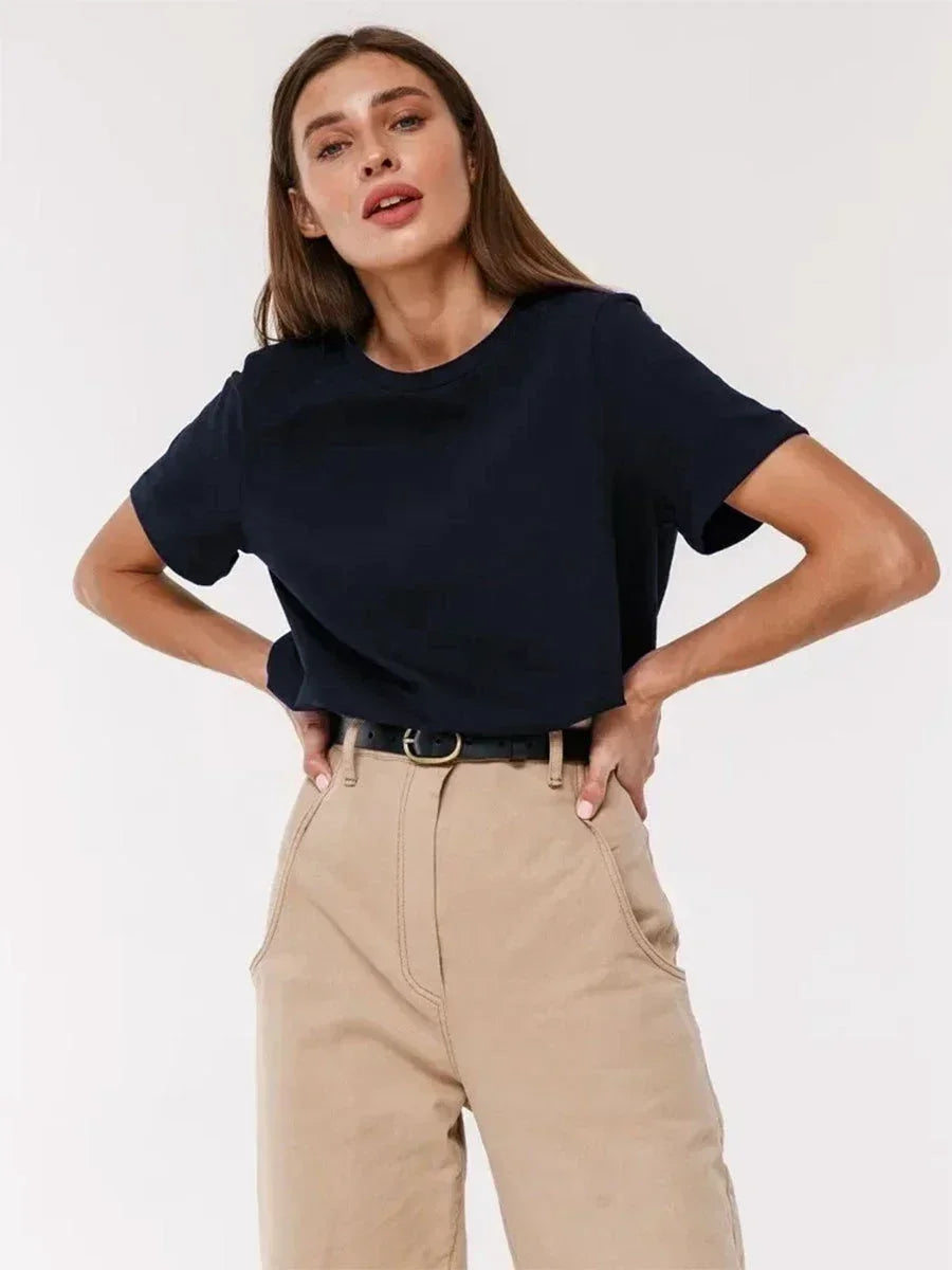 Bornladies Summer 100% Cotton Women's T-shirt Bottoming Basic Fashionable Solid Lady Short Sleeve Loose Tops Shirts 230g/㎡ Tops - ATFH