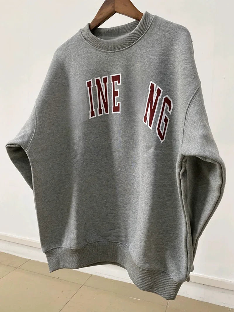Women's sweatshirt for autumn and winter 2025, comfortable and casual round neck long sleeved gray warm pure cotton sportswear - ATFH