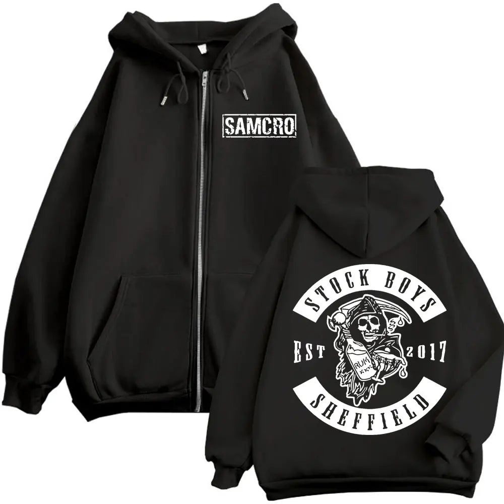 Sons of Anarchy Double Sided Print Zipper Hoodie Men's Women Gothic Vintage Zip Up Sweatshirt Casual Fashion Oversized Pullovers