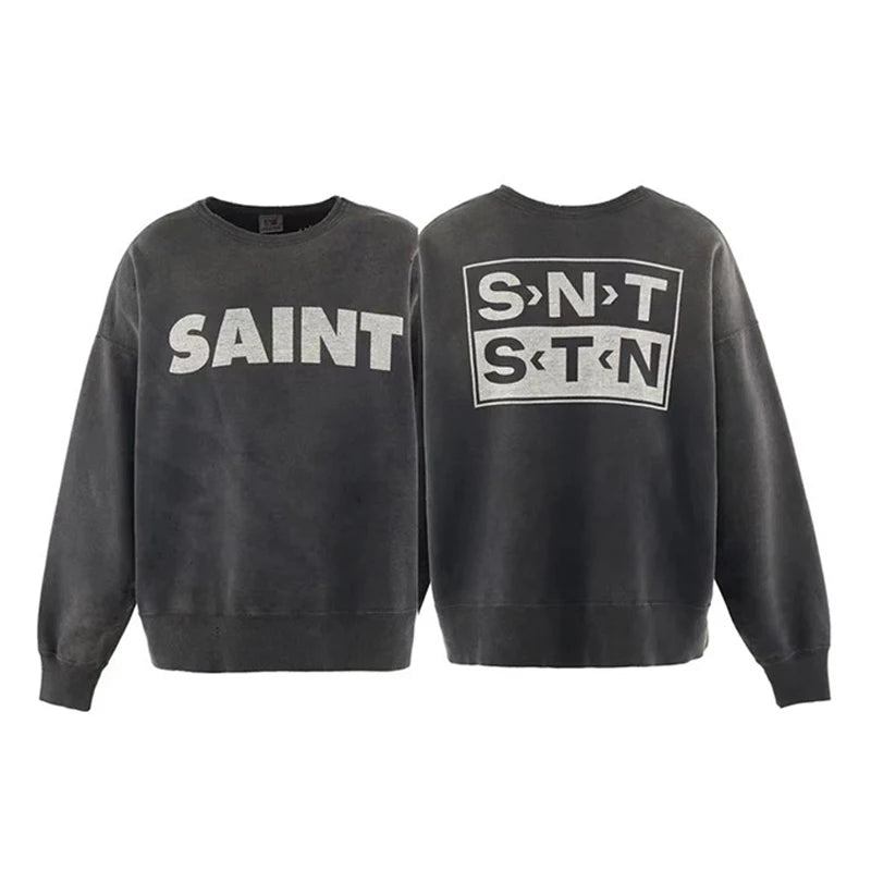 Simple Classic Letters Logo Print Orange Saint Hoodie Hooded Men Women Streetwear Vintage Washed Damaged Hole Pullovers - ATFH