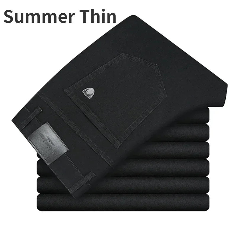 2024 Brand Thin or Thick Material Men's Elastic Cotton Jeans Fashion Gray Comfortable Denim Business Casual High Waist Pants ATFH