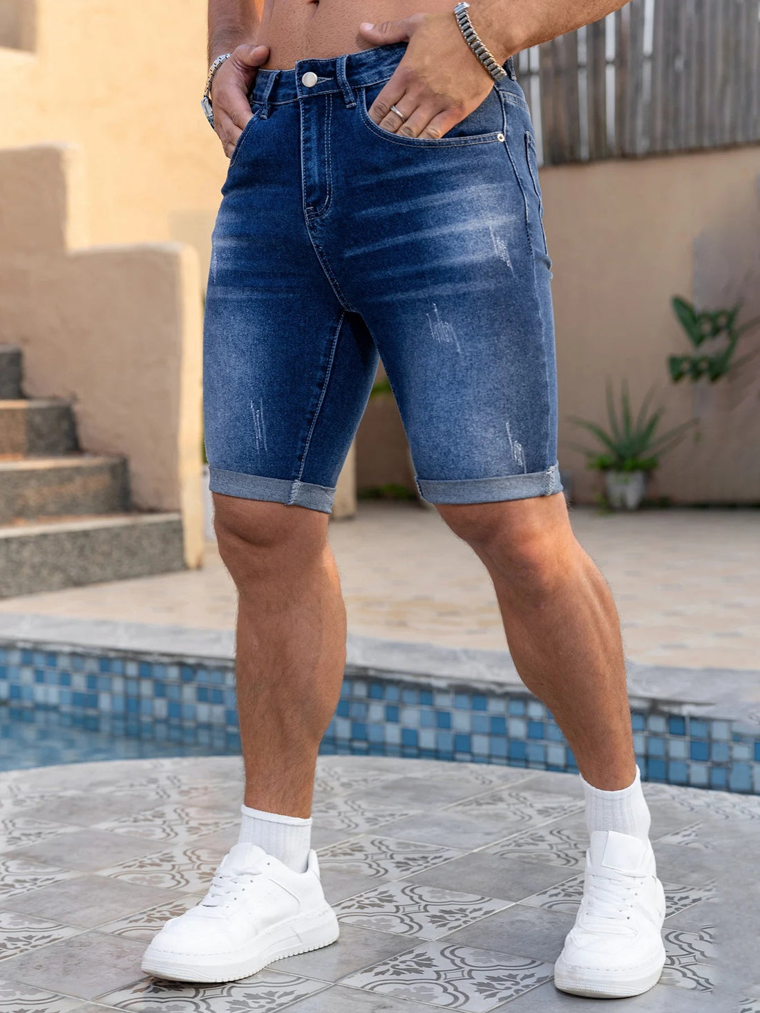 Men Denim Jeans Pants Clothing Trousers Shorts Men's Dark Wash Rolled Cuff Casual Denim Shorts ATFH