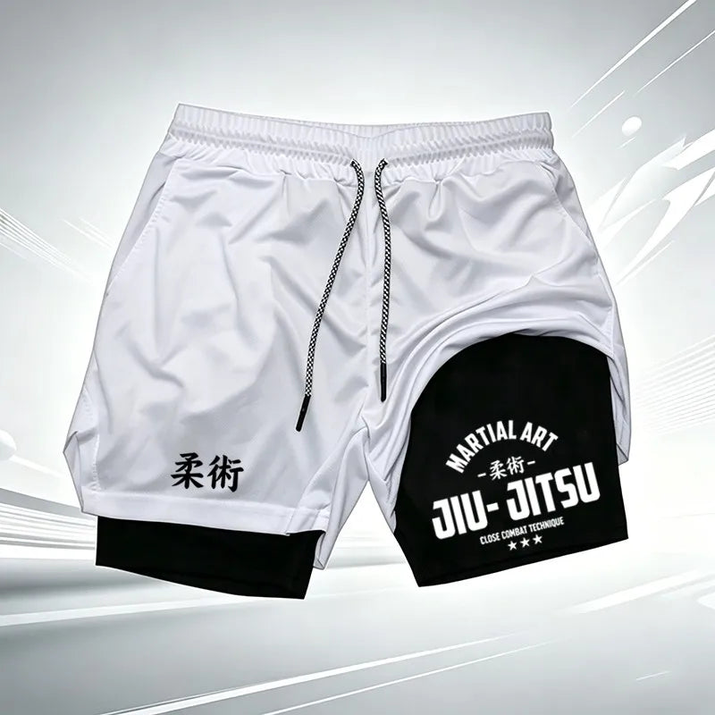 Martial Art Jiu-Jitsu Print Ufc Men's Double-Layer Sports Shorts, Quick Dry, Anti-Chafe, for BJJ, MMA & Fitness wx249