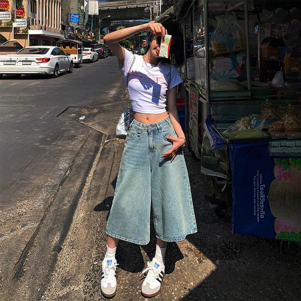 Summer American Style Vintage Women Baggy Jeans Y2k Loose Washed High Waist Knee Length Denim Pants Streetwear Wide Leg Shorts ATFH