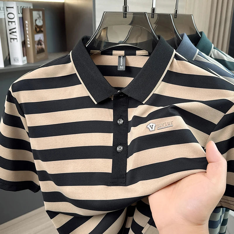 Fashion luxury brand men short sleeve polo shirt high-end summer lightweight breathable casual new striped color blocked T-shirt