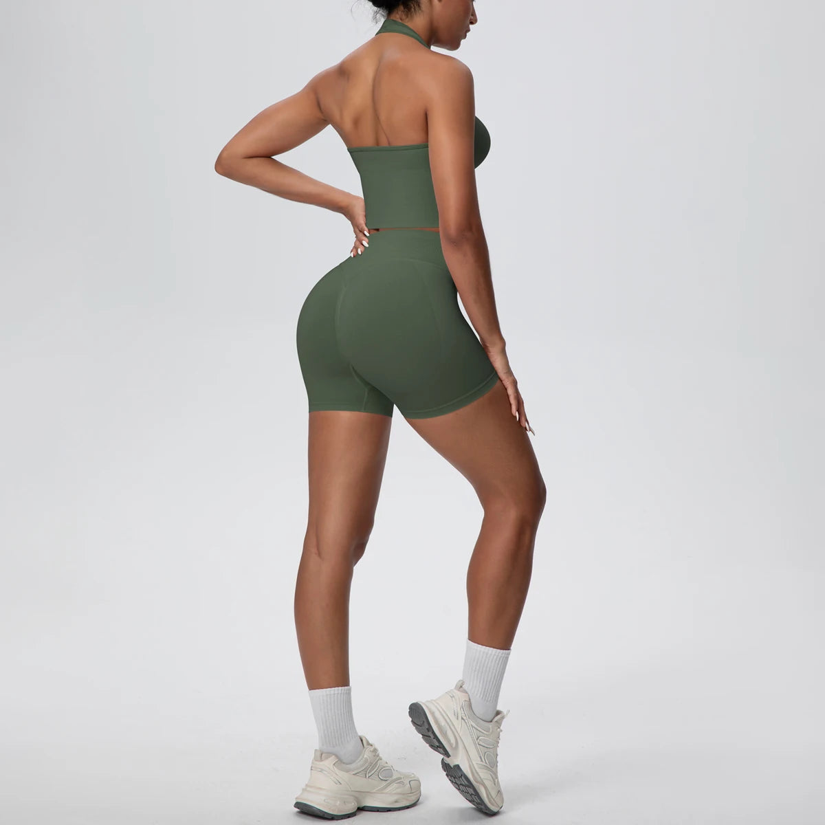 2pcs Summer Breathable Yoga Set Backless Sportswear Solid Color Sexy Neck Strap Bra Quick-Dry High Waist Shorts Yoga Set - ATFH