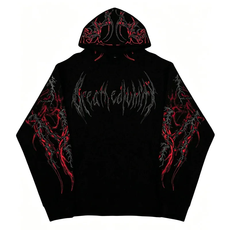 Men Gothic Punk Letter Print Hoodie Y2K Hip Hop Streetwear Pullover Sweatshirt Dark Pattern Casual Hooded Tops With Pocket