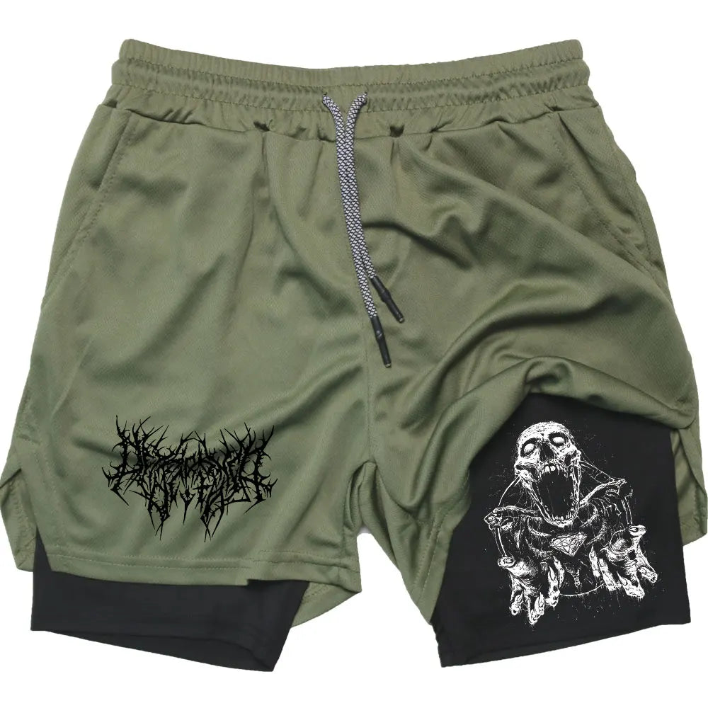 Shorts Men Quick-drying Fitness Skull Print Double Layer Shorts Workout Training Running Bodybuilding Sportwear