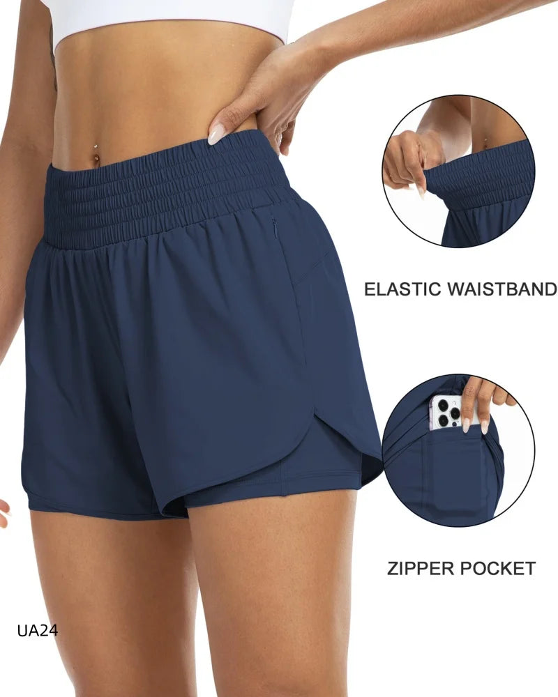 Women's High-Waisted 2-in-1 Quick-Dry Shorts with Zipper Pocket Elastic Waist for Workout Running Gym Yoga Fitness Sportswear Tahsi Fashion House