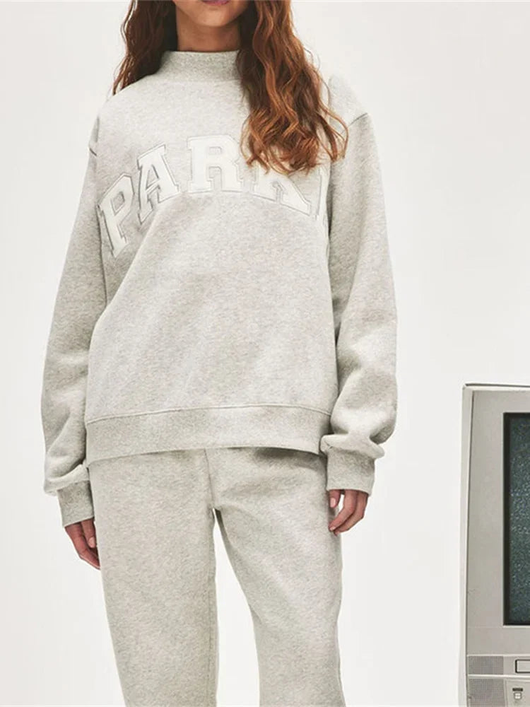 Letters Embroidery Women Cotton Gray Sweatshirts Spring New Stand Collar Ladies Long Sleeve Casual Sports Pullover Tops - ATFH