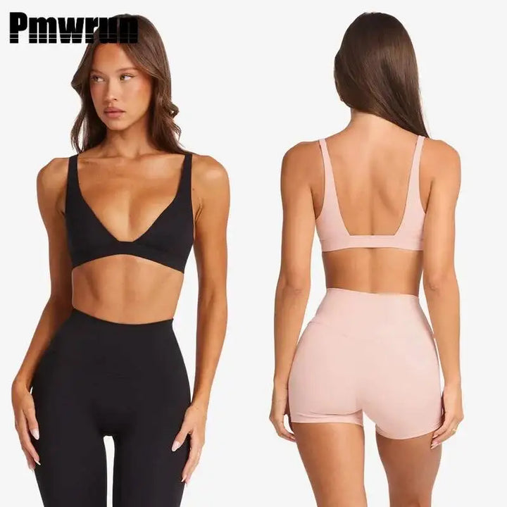 PMWRUN 2 Piece Yoga Set For Women, Deep V Sports Bra & High Waisted Leggings/Shorts, Slim Fit For Gym Yoga Pilates Workout Wear - ATFH