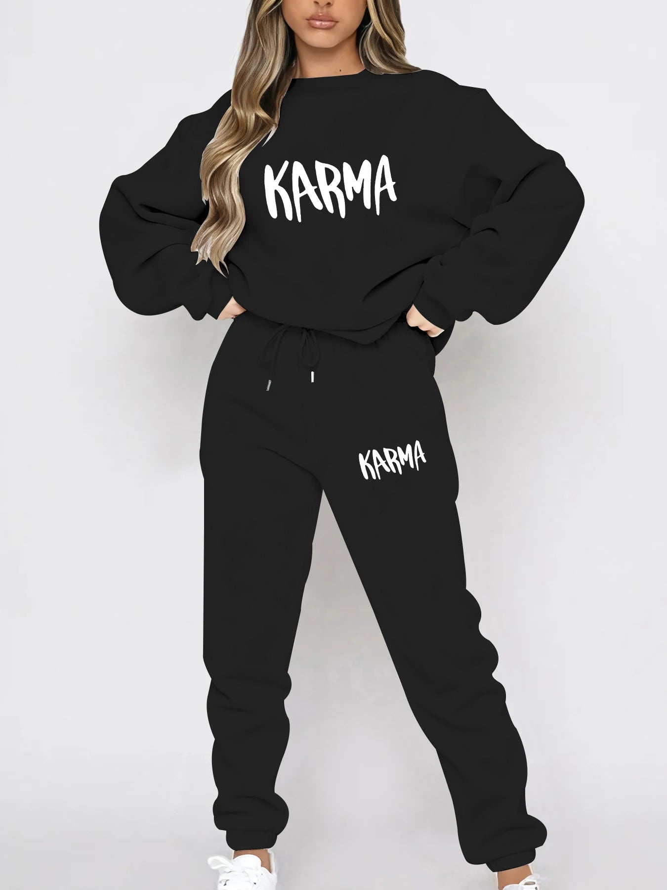 Autumn and Winter Season Lazy Print Long-Sleeve Set, Loose Casual Fit Sweatshirt, Jogger Pants, Casual Sweet Lazy Comfortable Pullover, Crew Neck Sweatshirt + Wide-Leg Pants Two-Piece Set for Party and Commuting, Women's Clot