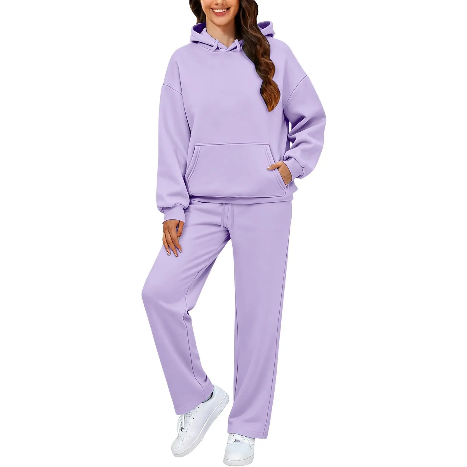 Autumn Winter Women Hoodie+Wide Leg Pants Two Pieces Casual Fleece Loose Long Sleeve Tracksuit Comfortable Sports Women Suit