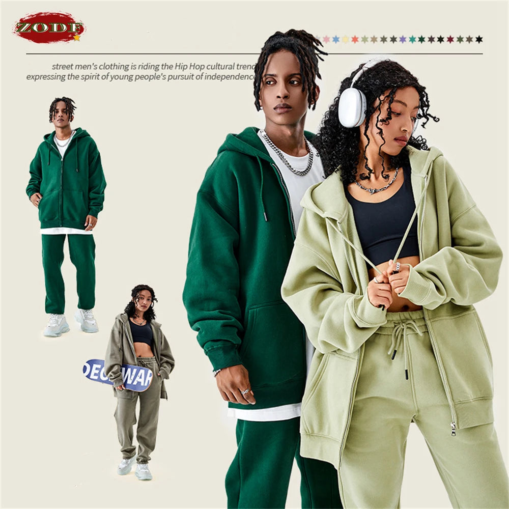 ZODF Basic Winter Men Fleece Zipper Hoodies Unisex Casual Loose 350gsm Warm Solid Hooded Sweatshirts Coats 18 Colors HY0726 - ATFH