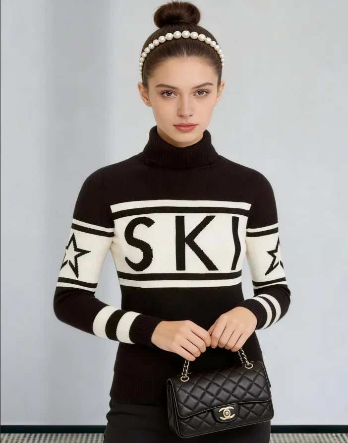 Top Sweater Women's High Neck Letter Print Color Block Slim Fit Knit Long Sleeve Pullover Comfortable Casual Fashionable Niche - ATFH