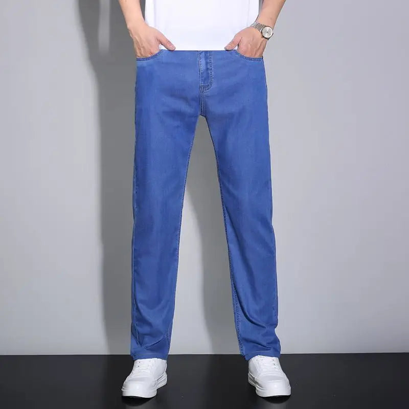 New Business Men's Jeans Summer Casual Straight Stretch Fashion Classic Lightweight Versatile Work Denim Trousers Male Clothing ATFH