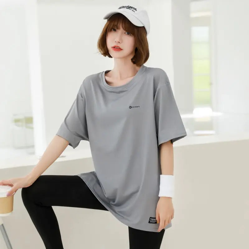 Loose T-shirts for Women Running Clothing Solid O-neck Summer Quick Drying Short Sleeve Korean Style Young Girls Students Soft - ATFH