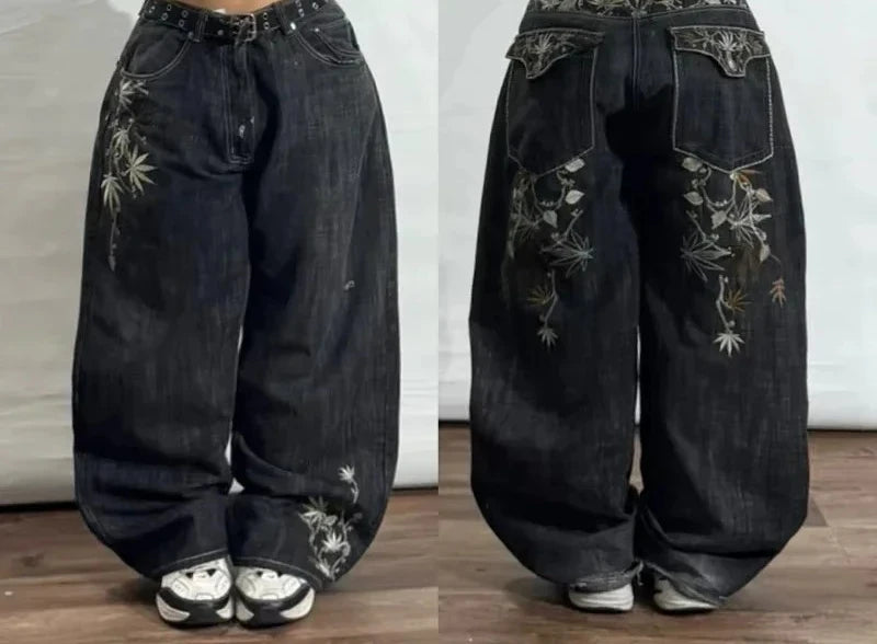 Harajuku Patchwork Cherry Blossom Embroidery Denim Pants Y2K Vintage Women Baggy Straight Wide Leg Jeans Street Men Clothes ATFH