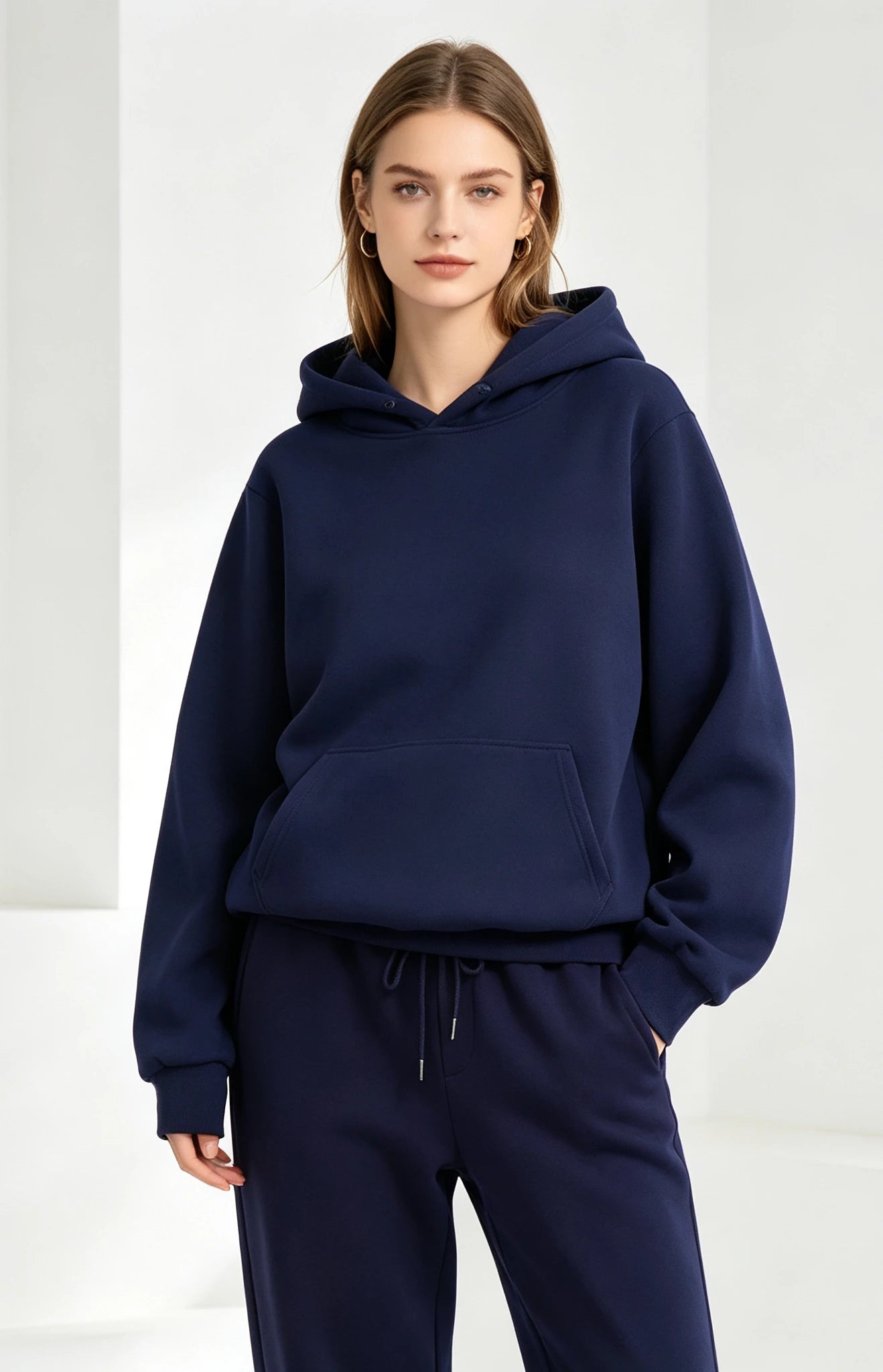 Autumn and Winter Casual Daily Women's Two-Piece Sports Suit Solid Color Hooded Sweat Loose Drawstring Pants Home Clothes