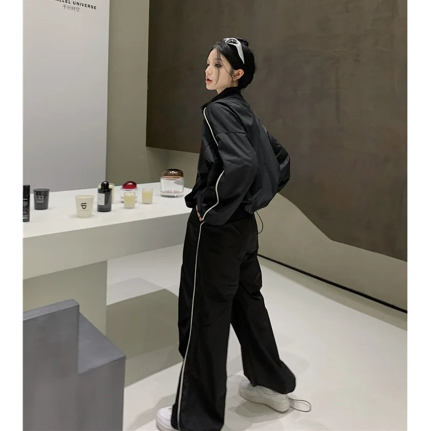 Black Tracksuit Sets Women Spring Autumn Casual Loose Black Sports Suit Female Zipper Jacket + Wide Leg Pants Two-piece Outfits